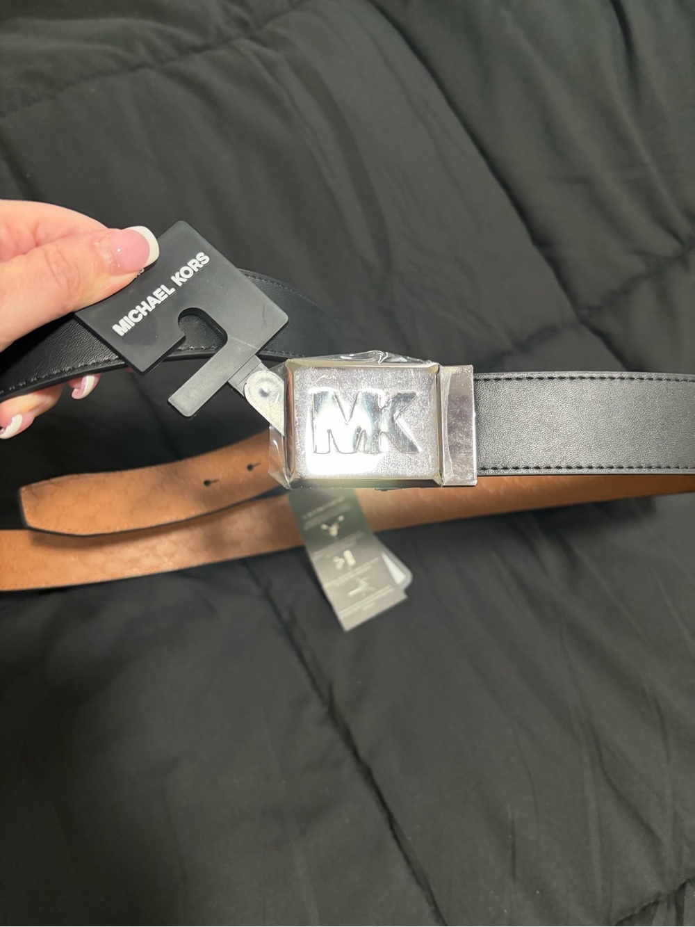 Michael Kors Reversible Black/Tan Leather Belt with MK Buckle - 34mm - customiza